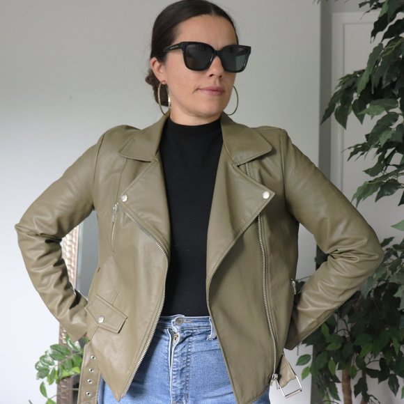 ShineStar - Faux Leather Moto Jacket (Army Green, L) - Picture 2 of 10